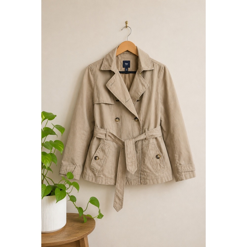 Gap Tan Cotton Trench Coat Belted Double Breasted Jacket Womens Sz M Normcore